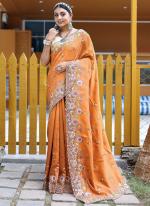 Silk Orange Wedding Wear Embroidery Work Saree